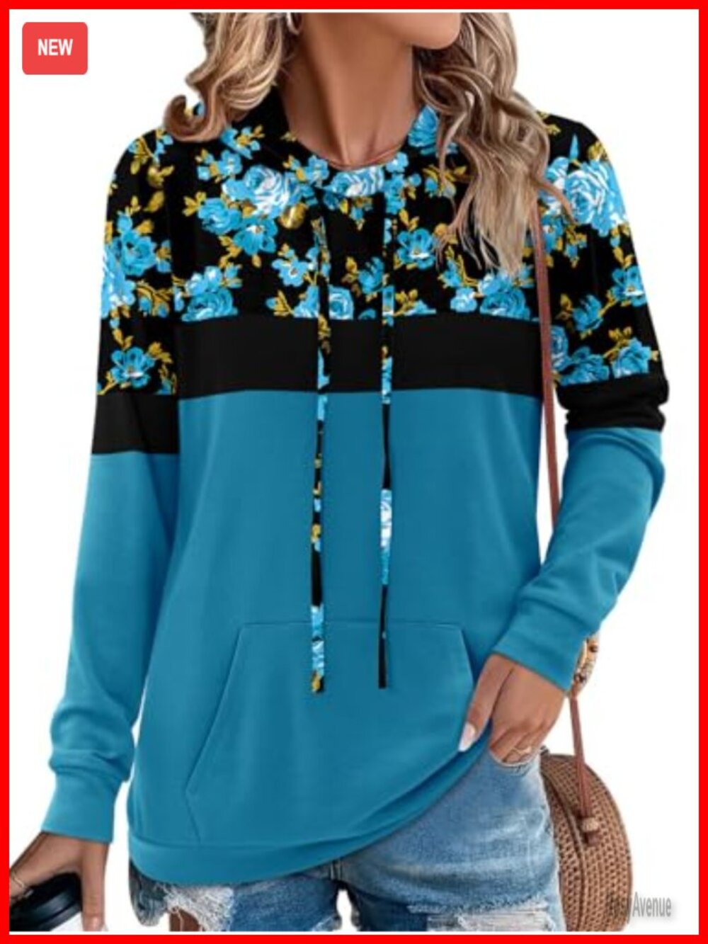 Long Sleeve Floral Print Pullover Hooded Sweatshirt Kangaroo Pocket